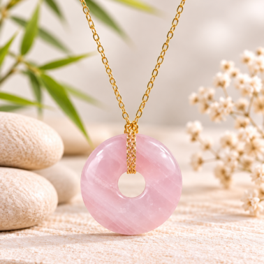 Collier Donut en Quartz Rose naturel avec chaîne dorée – Qualité A