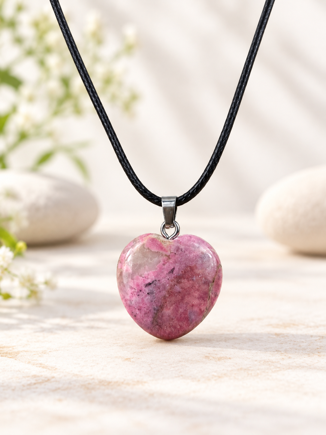 Collier cœur 2x2 cm pierre naturelle Rhodonite