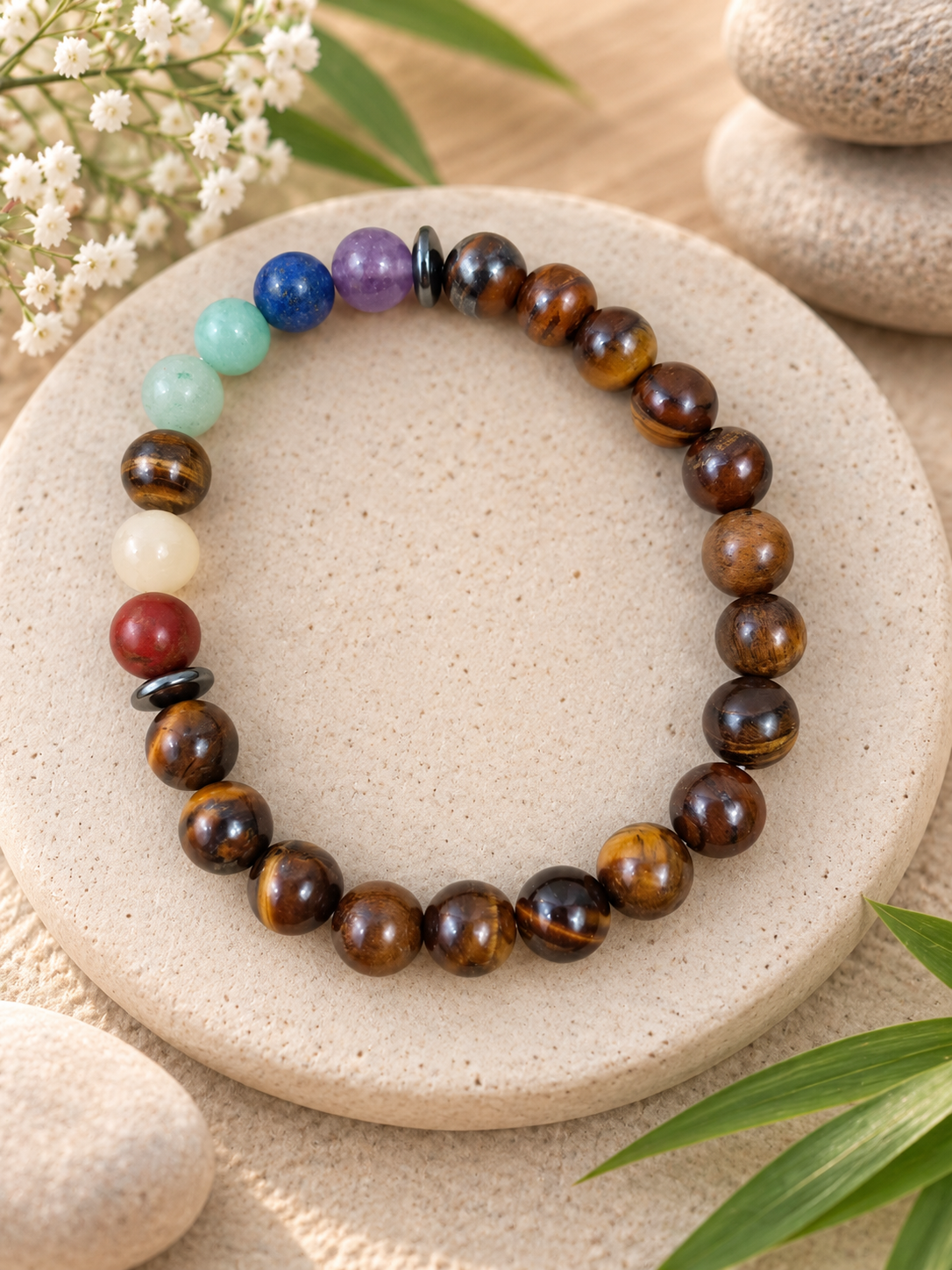 Bracelet Œil de tigre 7 chakras Pierres naturelles qualité A – 8 mm