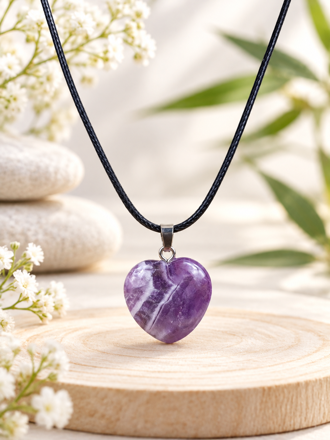 Collier cœur 2x2 cm pierre naturelle Améthyste rubanée
