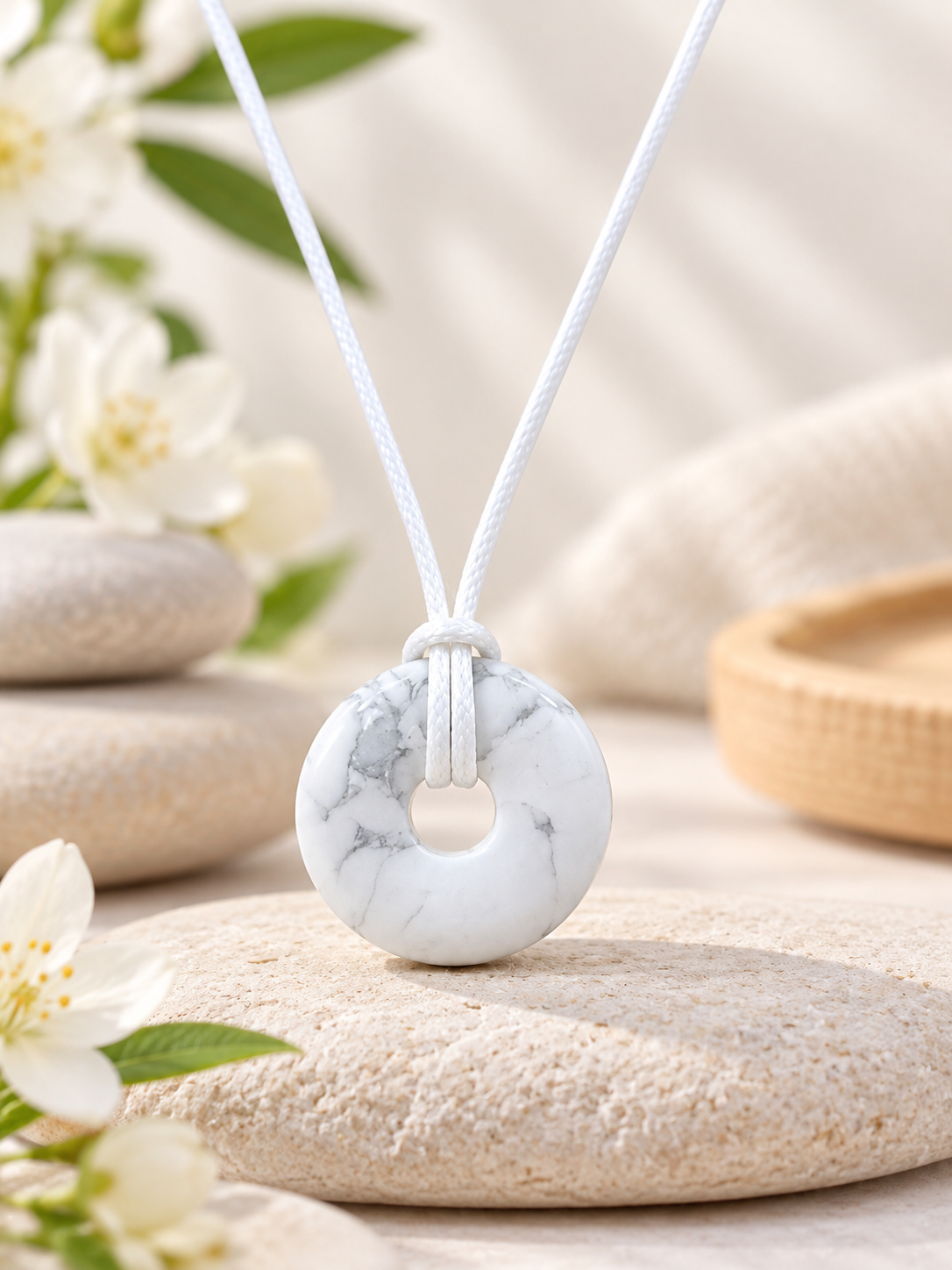 Collier Donut en Pierre Howlite avec cordon noir – Qualité A