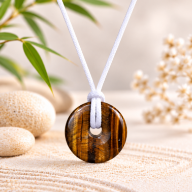 Collier Donut en Pierre Œil de Tigre avec cordon blanc – Qualité A