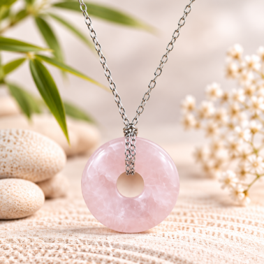 Collier Donut en Pierre Quartz Rose avec chaîne argentée – Qualité A