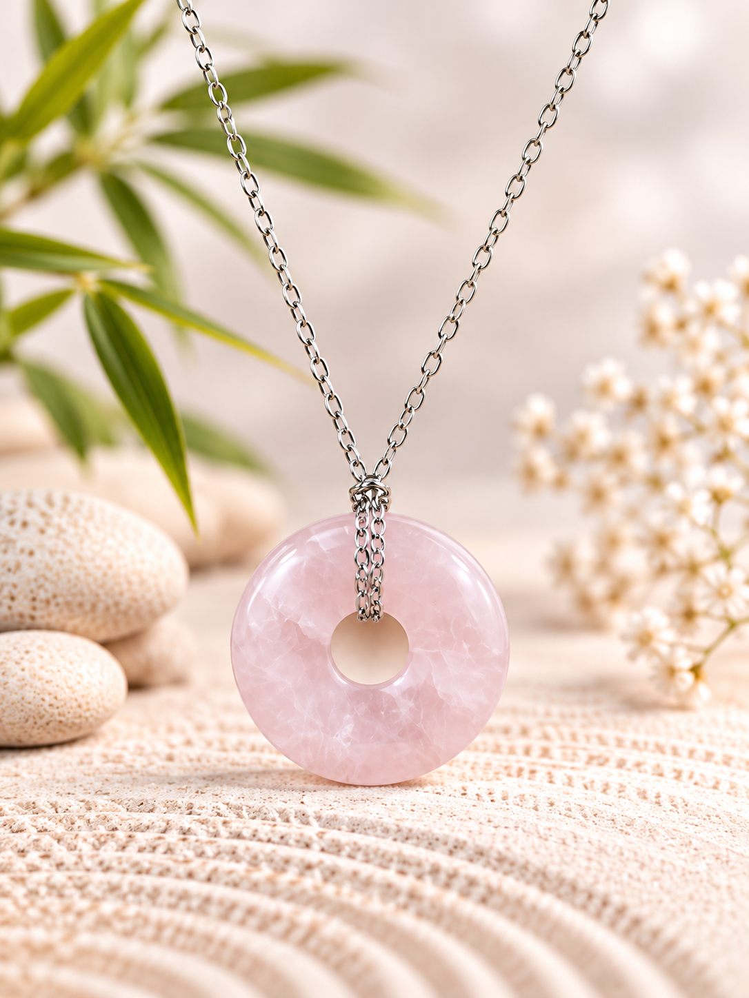Collier Donut en Pierre Quartz Rose avec chaîne argentée – Qualité A