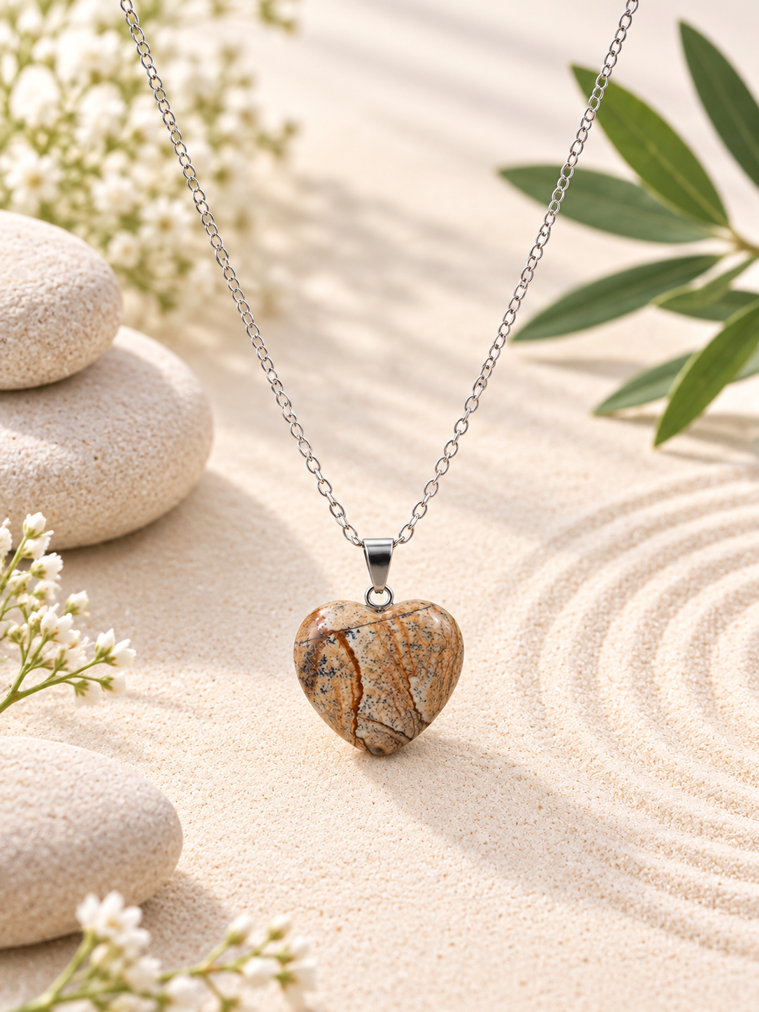 Collier pierre naturelle Jaspe Paysage en forme de cœur